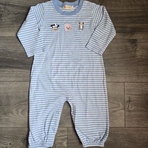 Baby Luigi Farm Romper 24M Blue White Stripe Embroidered 100% Cotton Heirloom